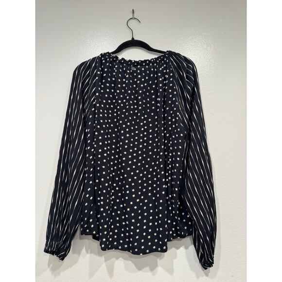 Billabong Black Mixed Print Stripe Polka Dot Blouse Size Large Long Sleeve Boho - Picture 5 of 9
